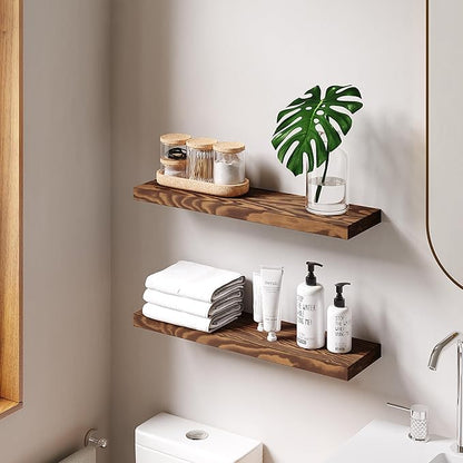 Howizz 24'' Pine Wood Floating Shelves for Wall- Set of 2 - Rustic Wall Mounted Wooden Shelf for Stylish Home Décor (Light Walnut, 24x6.5x1.25), 2pcs