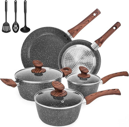 M MELENTA Granite Pots and Pans Set Non Stick, 11 Piece Die-Cast Induction Cookware Set, Nonstick Kitchen Cooking Set w/Frying Pans & Saucepans, PFOA Free