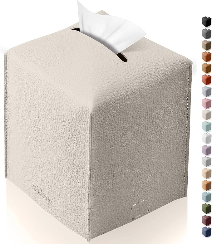 Tclouda Tissue Box Cover for PU Leather, Modern Simple Solid Color Holder Square Tissue Bag, Ideal for Bathrooms,Office,Car,Outdoor Tent,Dining Table,5"X5"X5", Single Off-White