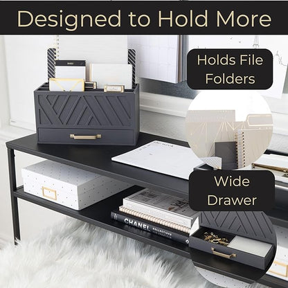 BLU MONACO | Grey Three-Tier Desktop Mail Organizer with Gold Label Holders & Drawer | Stylish Mail Holder and Countertop Document Storage for Home or Office