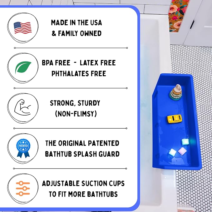 Tub Topper® Mini Bathtub Splash Guard for Kids - Compact Bath Splash Guard & Tub Play Shelf - Easy to Remove, Store & Clean - Patented Lip Design, Non-Silicone, BPA-Free, Made in USA (Blue)