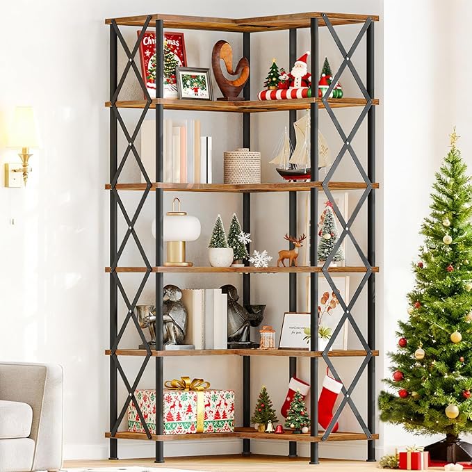 HOOBRO Corner Bookshelf, 6-Tier L-Shaped Bookcase, Industrial Open Display Shelf Tall Storage Organizer, Vertical Storage Rack, for Living Room, Home Office, Rustic Brown and Black BF61SJ01