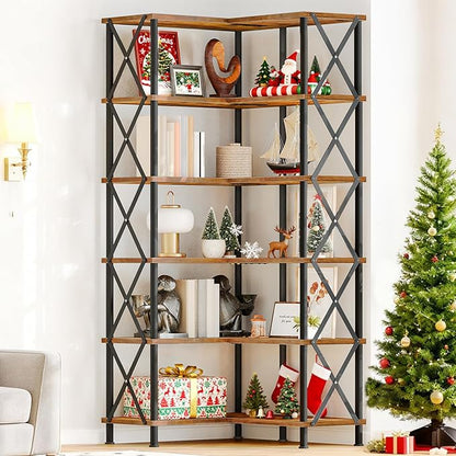 HOOBRO Corner Bookshelf, 6-Tier L-Shaped Bookcase, Industrial Open Display Shelf Tall Storage Organizer, Vertical Storage Rack, for Living Room, Home Office, Rustic Brown and Black BF61SJ01