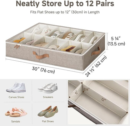 StorageWorks Shoe Organizer for Closet, Fits up to 24 Pairs, 2-Pack Ultra-thick Fabric Under Bed Shoe Storage Containers with Bottom Support and Adjustable Dividers, Taupe