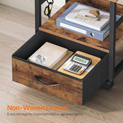 HOOBRO 2-Tier Printer Stand, Under Desk Printer Table with Drawer, Printer Cart with Storage, with Casters/Adjustable Feet, for Home Office, Study, Living Room, Rustic Brown and Black, BF20PS01