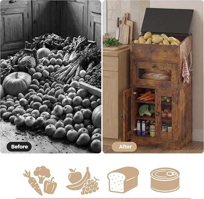 Potato and Onion Storage Bin with Lid, Large Potato Bin with Drawer, Multi-Compartment Wooden Fruit & Vegetable Cabinet with Mesh Doors, Rustic Kitchen Organizer for Pantry (16.9")
