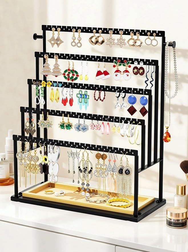 Earring Holder Organizer, 5-Tier Jewelry Display Stand with Matte Black Metal Frame and Wooden Tray, Large Earring Holder for Studs, Hoops, Dangles, Modern Jewelry Organizer for Women