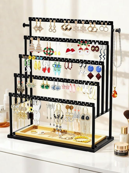Earring Holder Organizer, 5-Tier Jewelry Display Stand with Matte Black Metal Frame and Wooden Tray, Large Earring Holder for Studs, Hoops, Dangles, Modern Jewelry Organizer for Women
