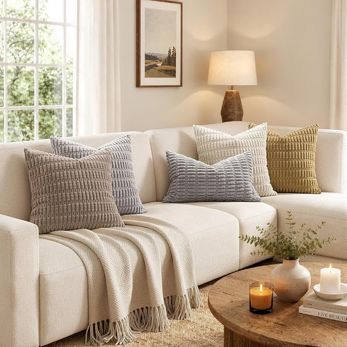 MIULEE Pack of 2 Corduroy Decorative Throw Pillow Covers 16x16 Inch Soft Boho Striped Pillow Covers Modern Farmhouse Home Decor for Sofa Living Room Couch Bed Light Grey