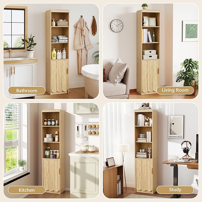 ORRD Narrow Tall Bathroom Storage Cabinet, Freestanding Storage Cabinet with Open Storage Compartments and Adjustable Shelf for Small Space, Bathroom, Living Room, Kitchen, (Natural)