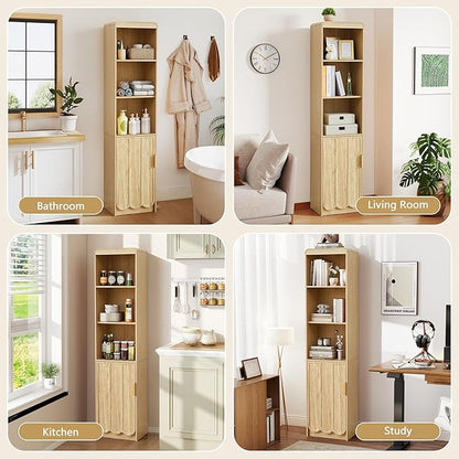ORRD Narrow Tall Bathroom Storage Cabinet, Freestanding Storage Cabinet with Open Storage Compartments and Adjustable Shelf for Small Space, Bathroom, Living Room, Kitchen, (Natural)