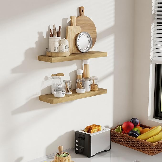 Acovy 24 Inch Floating Shelves, 8 Inch Deep Floating Shelves for Wall, Hanging Shelf with Invisible Brackets, Deep Shelves for Bathroom, Bedroom, Living Room, Oak, Set of 2