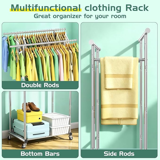 Double Rods Clothing Rack for Hanging Clothes, 100% Stainless Steel Clothes Rack, Portable Sturdy Clothes Rack with Wheels, Easy Installation Rolling Coat Rack, Freestanding for Home Conmercial Store
