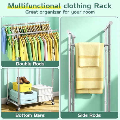 Double Rods Clothing Rack for Hanging Clothes, 100% Stainless Steel Clothes Rack, Portable Sturdy Clothes Rack with Wheels, Easy Installation Rolling Coat Rack, Freestanding for Home Conmercial Store