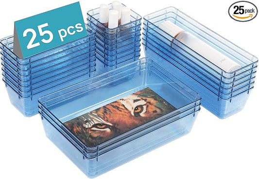 Vtopmart 25 PCS Plastic Drawer Organizers Set, 4-Size Versatile Bathroom and Vanity Drawer Organizer Trays, Storage Bins for Makeup, Bedroom, Kitchen Gadgets Utensils and Office