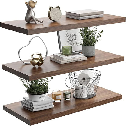 JPND Wall Shelf Set of 3, Walnut Floating Shelves 24 in W x 10 in D x 1 in H, Wooden Floating Wall Shelf with Invisible Brackets for Living Room/Bedroom/Bathroom/Kitchen Storage and Decor