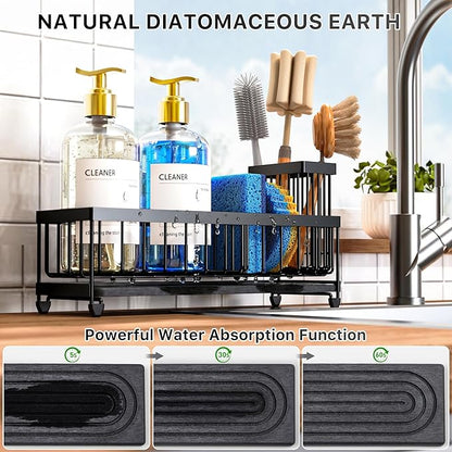 Cisily Sponge Holder for Kitchen Sink, Sink Caddy Organizer with High Brush Holder, Kitchen Countertop Organizers and Storage Essentials, Rustproof 304 Stainless Steel (Black with Stone Tray, Large)