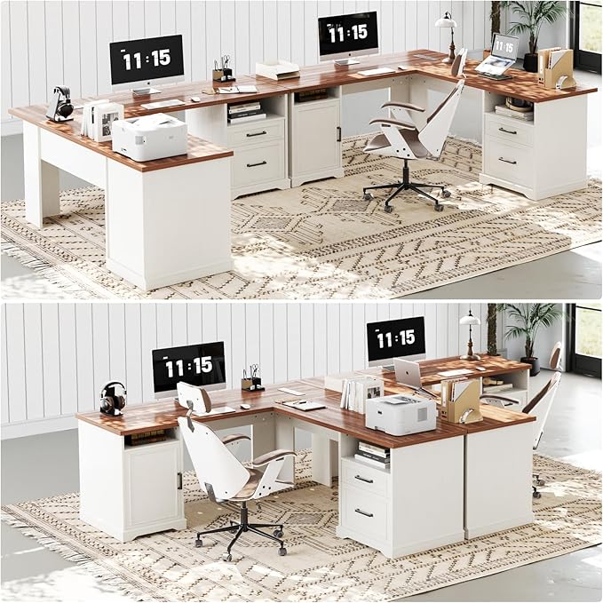 Unikito Farmhouse L Shaped Executive Desk with File Drawers, 60" Corner Computer Desk with Power Outlets, Large 2 Person Home Office Table with Storage Cabinet, Sturdy Writing Desk, White and Brown