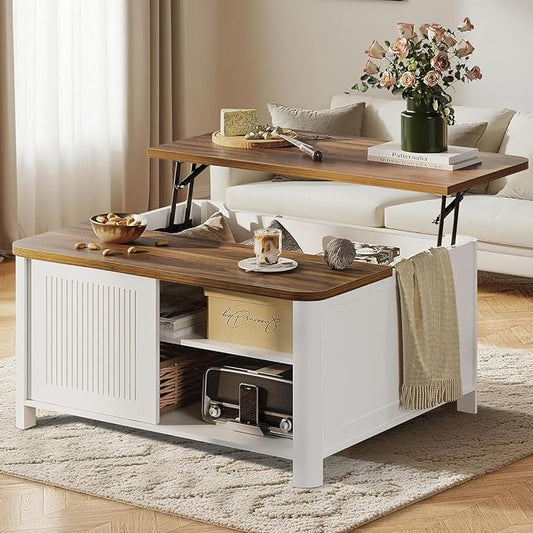 Decofy Lift Top Coffee Table with Storage Mid Century Modern Square Coffee Tables for Living Room, Large Hidden Storage Compartment, Adjustable Shelves & Sliding Door