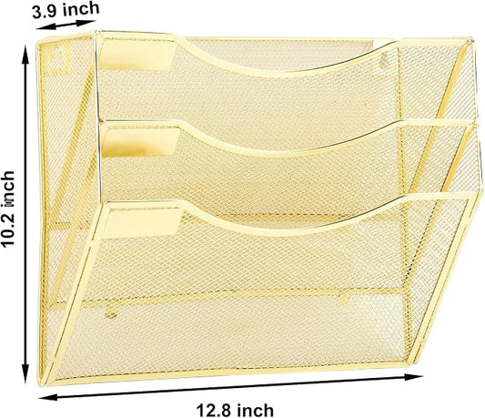 EASEPRES 3 Pocket Mesh Hanging Wall File Organizer, Wall Mounted Mail Paper Document Folder Holder, Clipboard Storage Organization Magazine Rack with Nametag Label for Office Home School, Gold