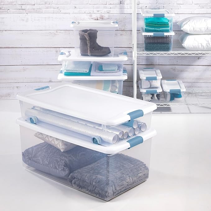 Sterilite 8-Pack Wheeled Latching Box, Plastic Under Bed Storage Bins with Lids, 56 Quart - Large Clear Stackable Tote Organizer Containers for Closet, Bedroom, Bathroom, and Office Organization