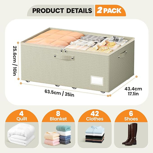 Dayacoco Under Bed Storage With Wheels,10 Inches Under Bed Storage Containers,65L Large Capacity,No Assembly Required Rolling Under Bed Storage for Clothes,Blankets,Shoes,Beige