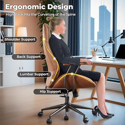 ovios Home Office Chair, Mid-Century Modern Faux Suede Leather Ergonomic Chairs, High Back Comfy Computer Swivel Rolling Task Executive Armchair, Brown