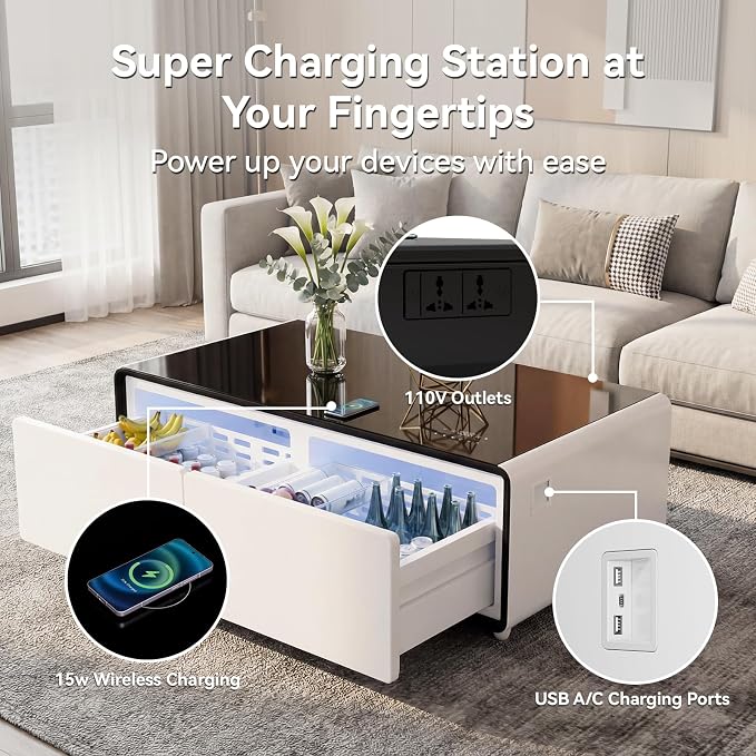 LIVTAB Smart Coffee Table, 27.8" D x 51" W x 18.1" H, Living Room Table with Built in Fridge and Speakers, Smart Table with 15W Wireless Charging, USB Chargers and 110V Outlets (White)