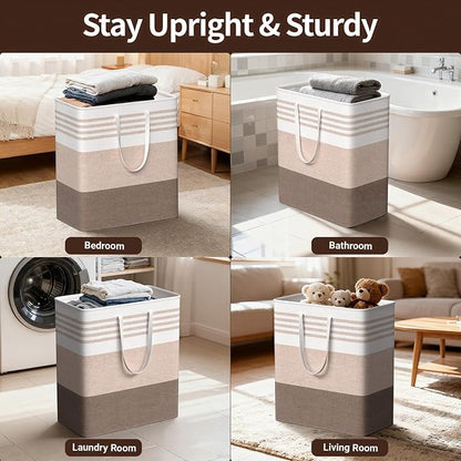 WOWBOX 2 Pack Laundry Baskets, Laundry Hampers, Freestanding Dirty Clothes Hampers with Reinforced Handles & Cross Stitch & Waterproof Coating, for Laundry Bedroom Bathroom Dorm,100L Khaki