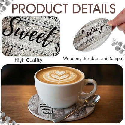 Queekay Coasters Set of 6 House Warming Gifts New Home Wooden Farmhouse Drink Coasters with Holder 4'' Funny Decoration for Kitchen Family Coffee Bar Tabletop Protection(Wood Color)
