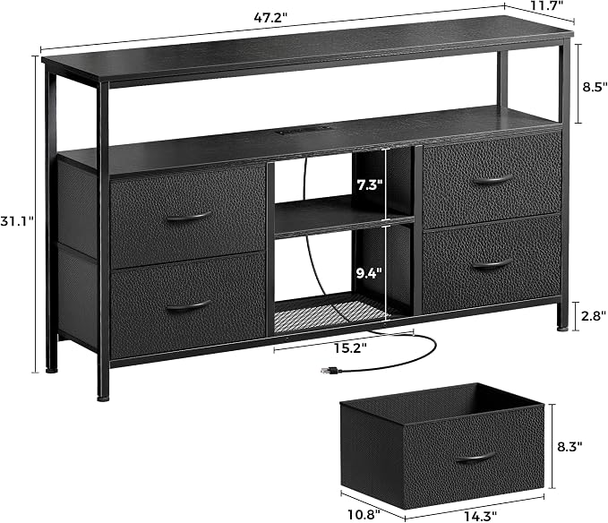 Huuger 47 Inch TV Stand Dresser with Power Outlets and LED Lights, Fabric Dresser for Bedroom with Storage, 4 Drawers Entertainment Center with Open Shelf, Media Console for 55 50 Inch TV, Black