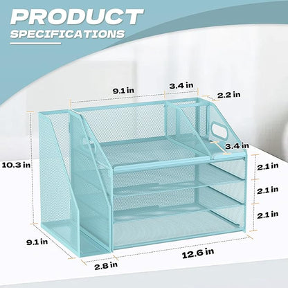 DocNest 4 Tier Paper Letter Tray File Organizer, Mesh Desk File with Handle, Workspace Desk Organizers with Pen Holder, Office Organization Storage Accessories - Blue