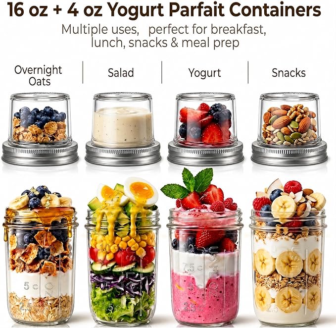 4 Pack Overnight Oats Containers With Lids And Spoons, (16Oz+5Oz) Glass Mason Jars With Dry And Wet Separation For Cereal Nut Fruit Salad Chia Pudding Yogurt, Meal Prep Jars