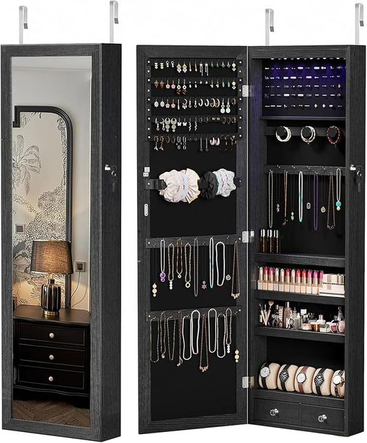 DUMOS Jewelry Armoire Cabinet with Full Length Mirror, 47.2" Tall Wall Mounted or Over the Door Jewelry Organizer with 33 Necklace Hooks, Lockable Large Capacity Jewelry Armoire with Drawers, Black