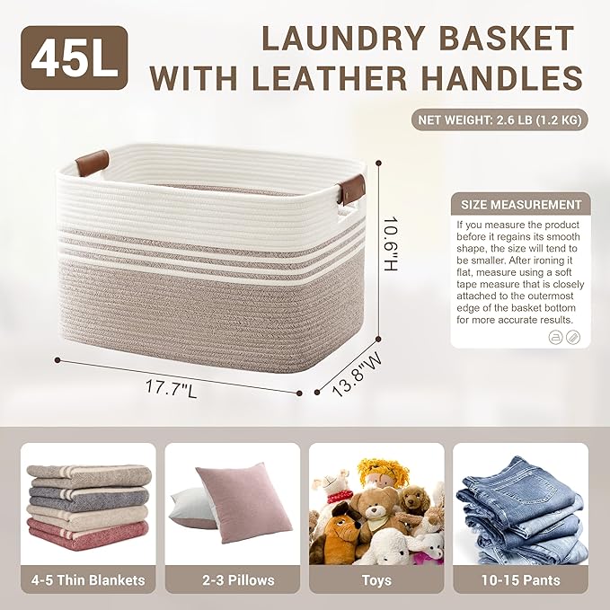 SunNewt 45L Small Laundry Basket with Leather Handles for Living Room Storage, Woven Rope Baskets Bin for Blanket, Kids Toy, Gifts, Wicker Hamper for Bedroom Dirty Clothes, 18"x14"x11" White Brown