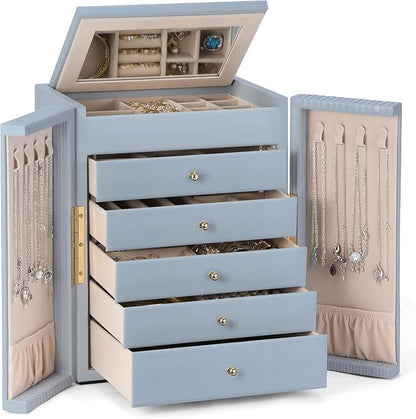 Dajasan Large Jewelry Organizer Box with Mirror, Jewelry Storage Organizer with 5 Drawers, 6-Tier Jewelry Gift Box for Women, Girls, Friends, Wife or Mother, Gift Idea (Smoky Blue)