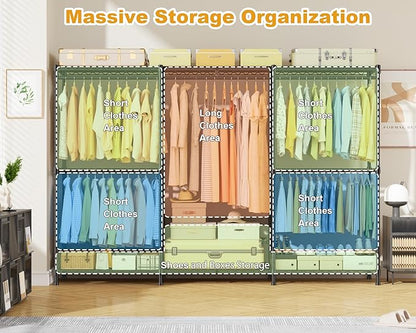 ULIFHOME E14C Max Heavy Duty Closet Organizer System，Freestanding Clothing Racks for Hanging Clothes，Adjustable Garment Rack 86" W × 16" D × 77" H Hold 1060 lbs，Black Rack with Black Cover