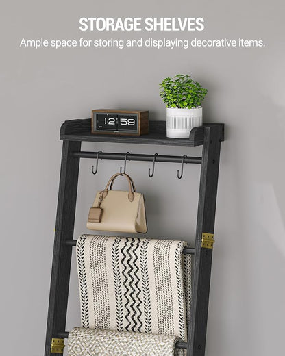 Hzuaneri Blanket Ladder Shelf, Decorative Quilt Rack, 7-Tier Farmhouse Ladder Holder Organizer with 4 Removable Hooks 7.9" D x 17.3" W x 66.9" H, Black BR36804B