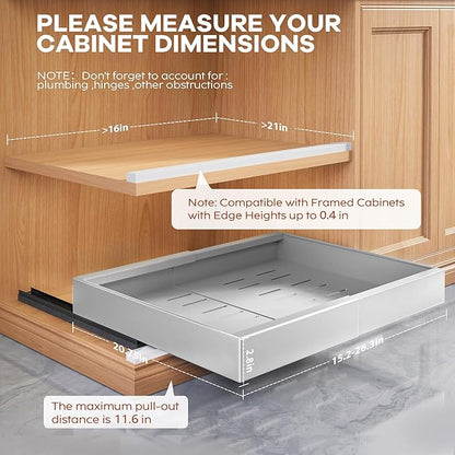 Seinloes 2 Pack Expandable Width (15.15"-26.3") Pull Out Cabinet Organizer 21" Deep with Raising Pad for Framed Cabinets, Upgrade 3 Slide Rails Slide Out Drawers, Roll Out Shelves Adhesive, Silver