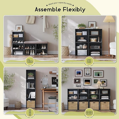 4-Tier Stackable Cube Storage Organizer, DIY Bookcase with 4 Removable Open Shelves & Anti-Tip Design, Cube Book Shelf for Bedroom, Office, Dorm,30" W x 11.81" D x 30" H, Black