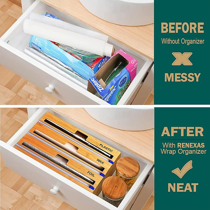 Foil and Plastic Wrap Organizer with Kitchen Aluminum Foil Holder, Cling Plastic Wrap Dispenser with Cutter and Labels, Bamboo Kitchen Wrap Organizer (3 in 1)