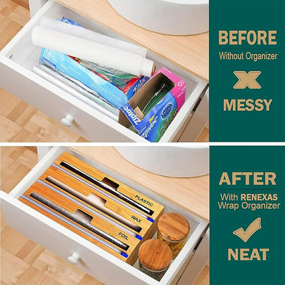Foil and Plastic Wrap Organizer with Kitchen Aluminum Foil Holder, Cling Plastic Wrap Dispenser with Cutter and Labels, Bamboo Kitchen Wrap Organizer (3 in 1)