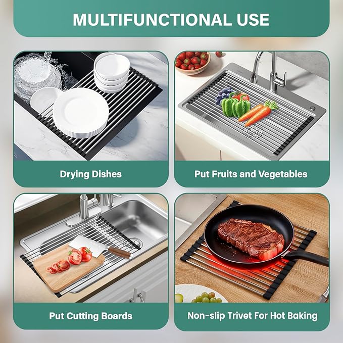 Extra Large Expandable Roll Up Dish Drying Rack, 22.8 x 17.3 in with Expandable Storage Basket Over The Sink Rolling Dish Drainer, Foldable Sink Dish Drainer for Kitchen Counter,Black