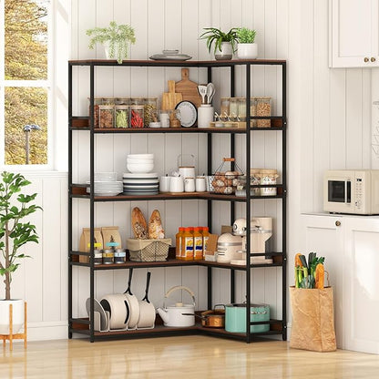 Giantex 5-Tier Corner Bookshelf, 71" L-Shaped Bookcase, Tall Etagere Bookshelf with Metal Frame, Industrial Open Display Shelf, Vertical Storage Rack for Living Room, Study, Office (Walnut)