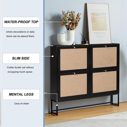 Shoe Cabinet, Shoe Storage Cabinet with 4 Flip Drawers, Freestanding Shoe Organizer Shoe Rack for Entryway, Hallway, Living Room (Black - 4 Tiers)