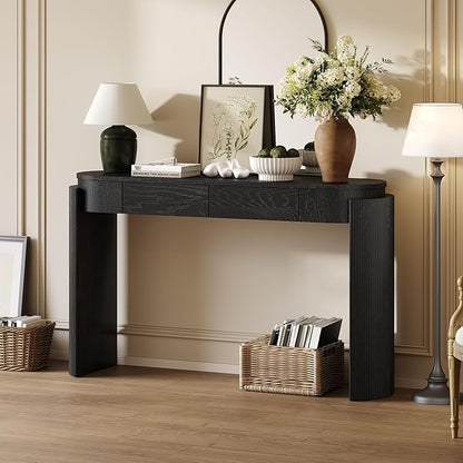 Entryway Table with Natural Wood Grain Finish, Console Table with Fluted Design, Oval Top and 2 Drawers for Entryway and Living Room (Black)