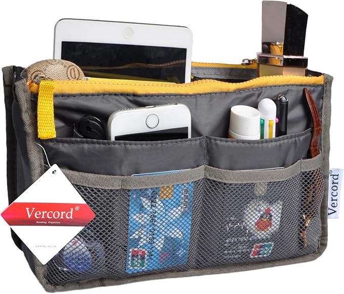Vercord Purse Organizer Insert for Handbags Bag Organizers Inside Tote Pocketbook Women Nurse Nylon 13 Pockets Grey Medium