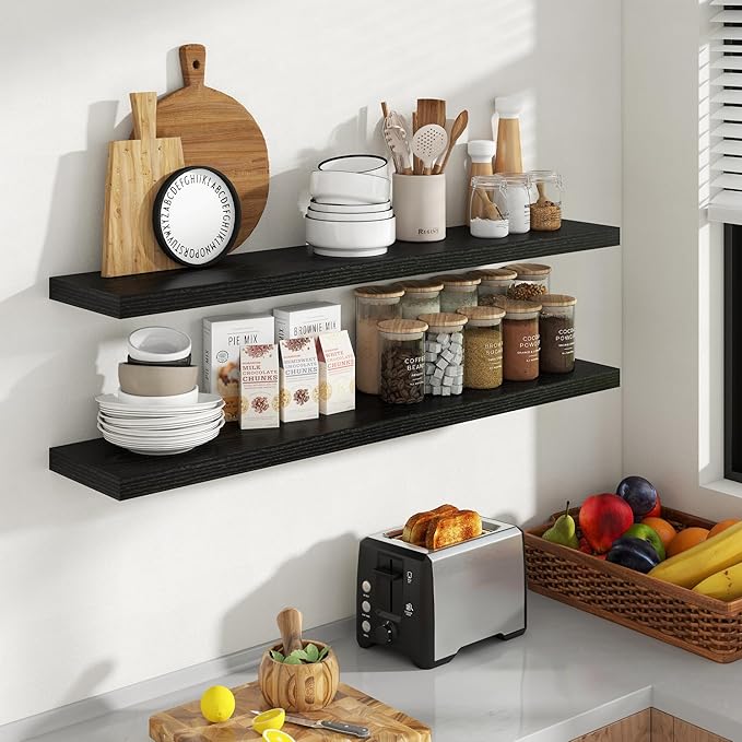 Acovy 48 Inch Floating Shelves, 8 Inch Deep Floating Shelves for Wall, Hanging Shelf with Invisible Brackets, Deep Shelves for Bathroom, Bedroom, Living Room, Black, Set of 2