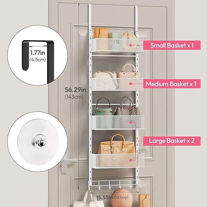 SWTYMIKI Over The Door Purse Organizer - Wall Mounted Purse Rack with 4 Adjustable Metal Basket and 6 Hooks, Hanging Bag Rack for Handbag Organizer, Bag Storage Can Use As 1/2 Part, for Door, Closet
