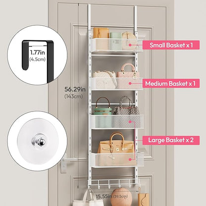 SWTYMIKI Over The Door Purse Organizer - Wall Mounted Purse Rack with 4 Adjustable Metal Basket and 6 Hooks, Hanging Bag Rack for Handbag Organizer, Bag Storage Can Use As 1/2 Part, for Door, Closet